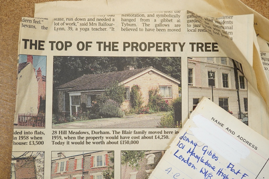 A page from an address book with a hand written entry by Sir Tony Blair, reading; ‘A.C.L. Blair, 28 Hill Meadows, Shincliffe, Durham’, together with a newspaper cutting about the childhood home of the ex-Prime Minister,